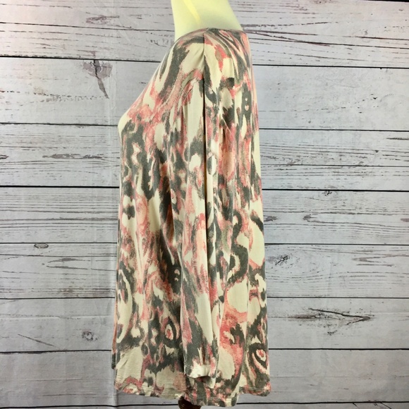 Chico's Tan w/dark gray and light coral design top - Picture 6 of 7